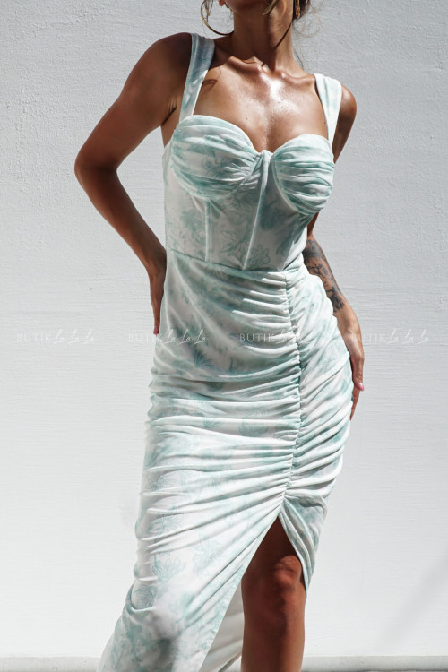 Sukienka biało miętowa w kwiatowy print Nellia