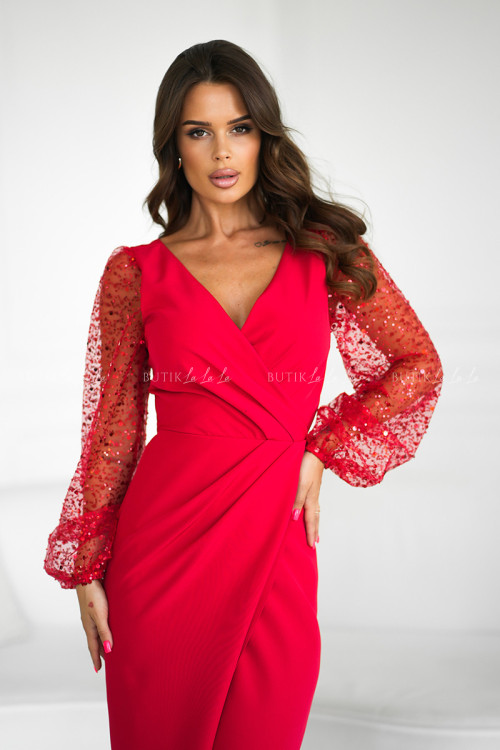 sukienka maxi czerwona z ozdobnym rękawem Adora 3