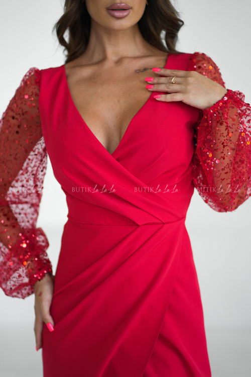 sukienka maxi czerwona z ozdobnym rękawem Adora 1