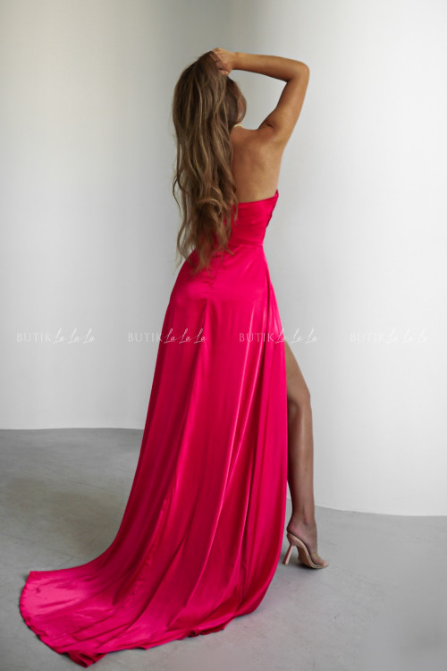 Sukienka satynowa z rozcięciem fuksja Santorini PREMIUM 2