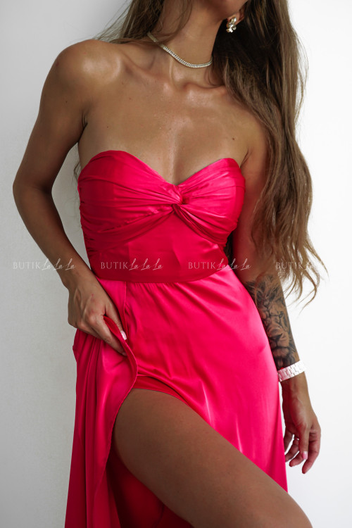 Sukienka satynowa z rozcięciem fuksja Santorini PREMIUM 1