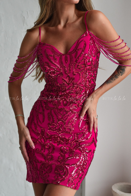 Sukienka fuksja cekinowa z koralikami Sottina