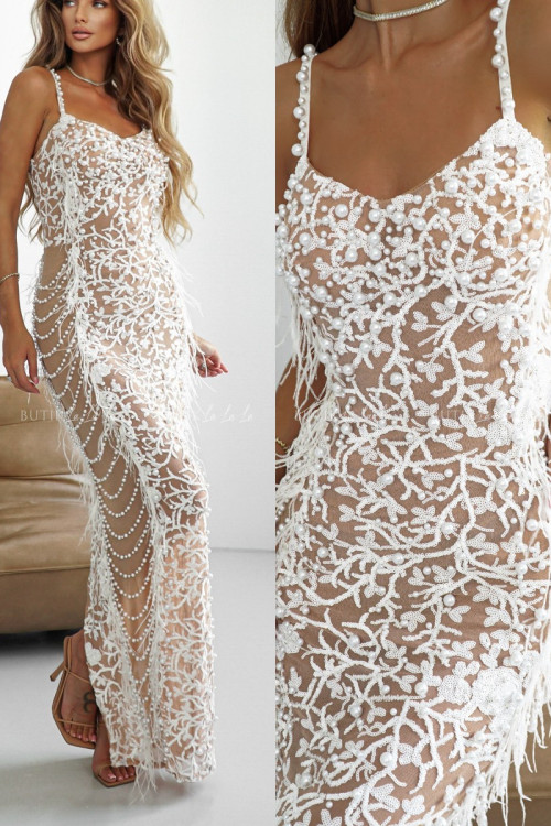 Sukienka maxi biało beżowa ze zdobieniami Hannah PREMIUM