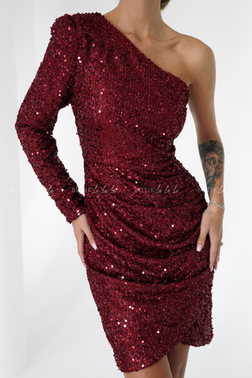 Sukienka cekinowa bordowa na jedno ramie Isabell