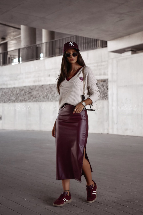 Spódnica midi z eko skóry bordowa Alaya 2