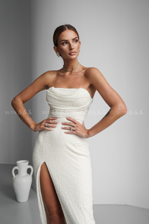 Sukienka maxi zdobiona koralikami ecru Chicago 2