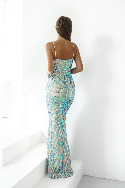 Sukienka maxi cekinowa błękitno beżowa Prima 2