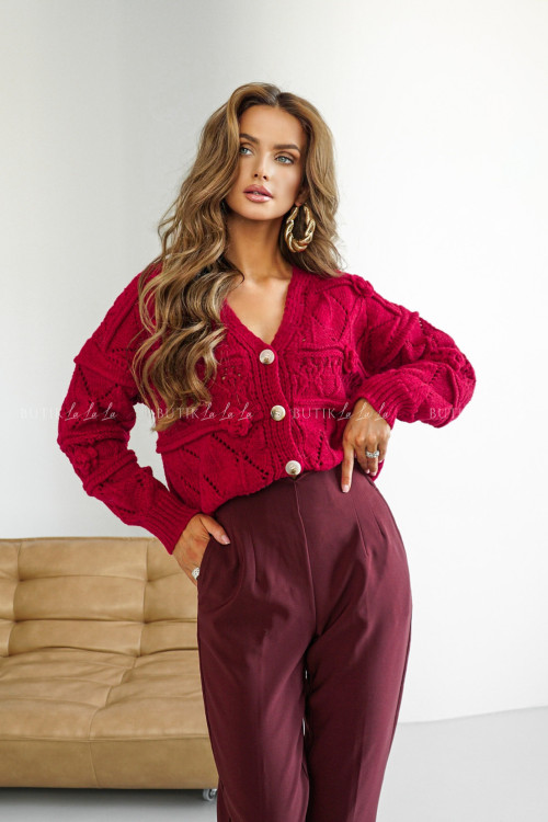 Sweter rozpinany z kwiatami bordowy Vital 3
