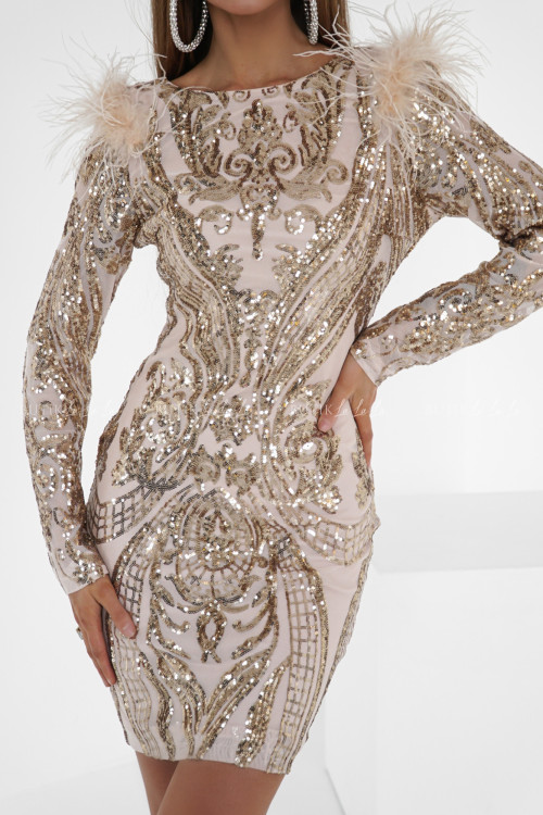 Sukienka cekinowa z piórami beżowo złota Sander