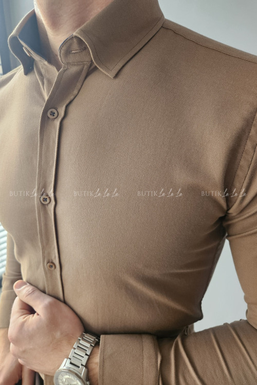 koszula męska ciemny beż z fakturą kołnierzyk slim fit 4