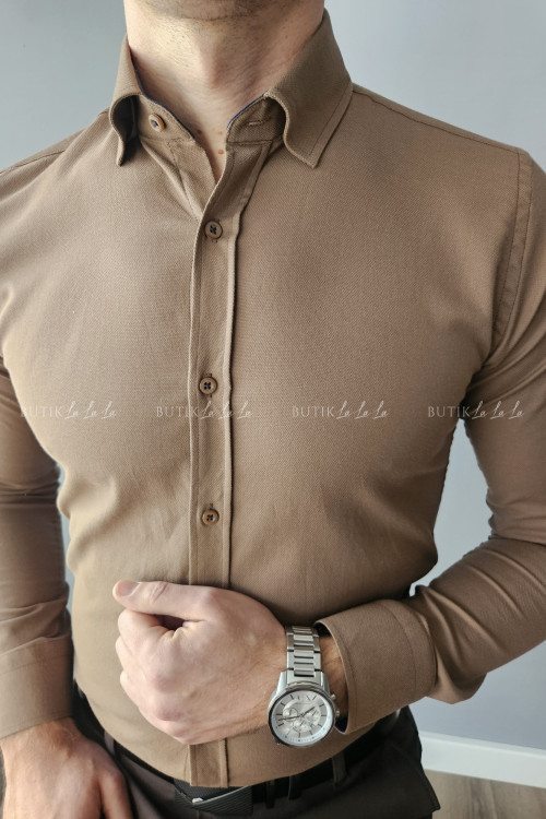 koszula męska ciemny beż z fakturą kołnierzyk slim fit 1