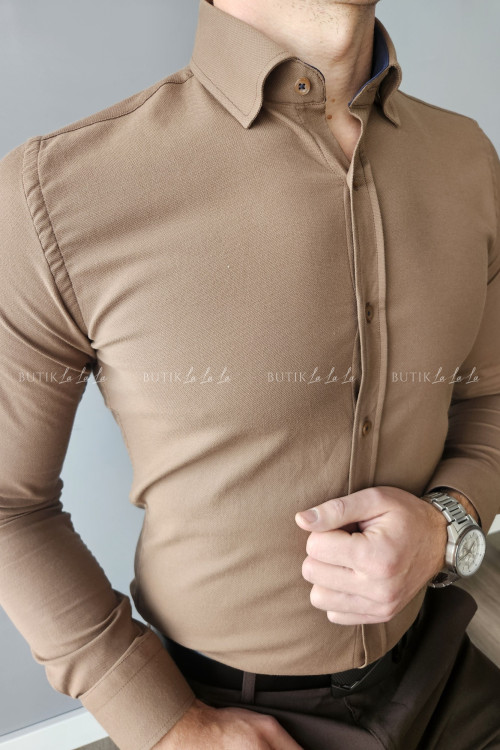 koszula męska ciemny beż z fakturą kołnierzyk slim fit 5