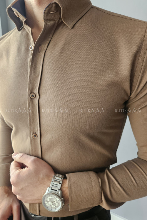 koszula męska ciemny beż z fakturą kołnierzyk slim fit 2