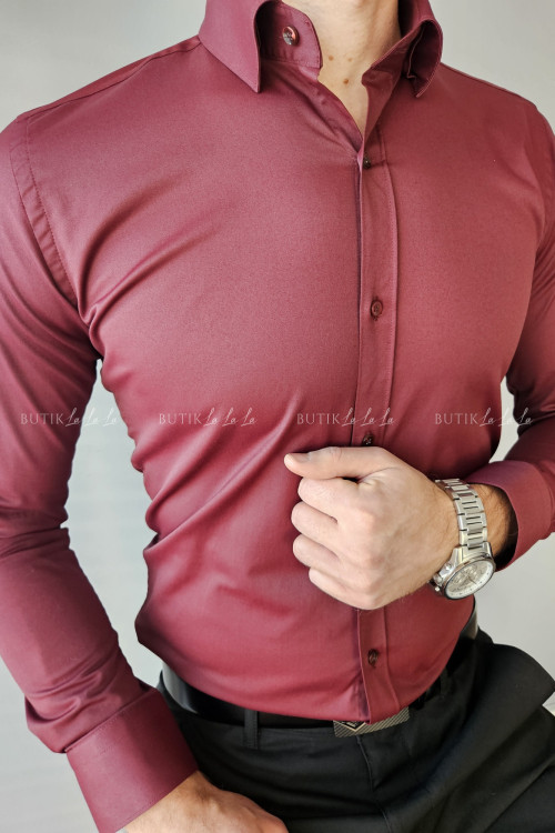 koszula męska klasyczna bordowa z kołnierzykiem slim fit