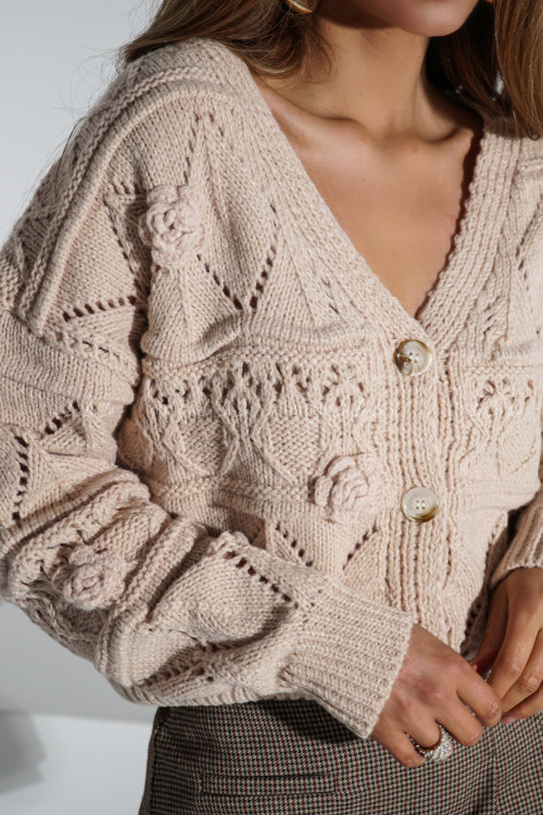 Sweter rozpinany z kwiatami beżowy Vital