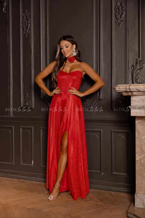 Sukienka maxi z rękawami błyszcząca czerwona Bridget 1