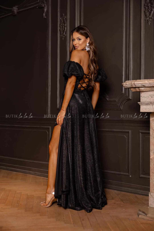 Sukienka maxi z rękawami błyszcząca czarna Bridget 1