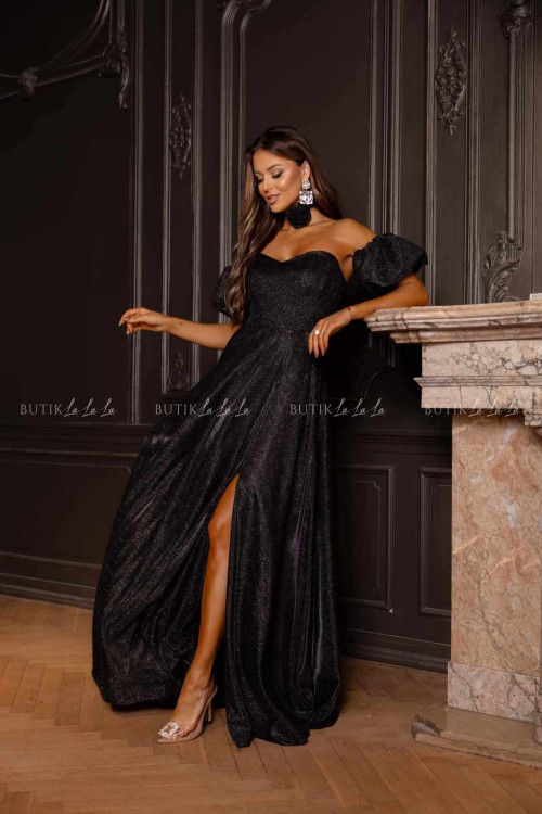 Sukienka maxi z rękawami błyszcząca czarna Bridget 3