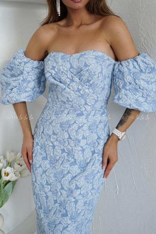 Sukienka błękitna z bufkami w kwiatowy wzór Iwette