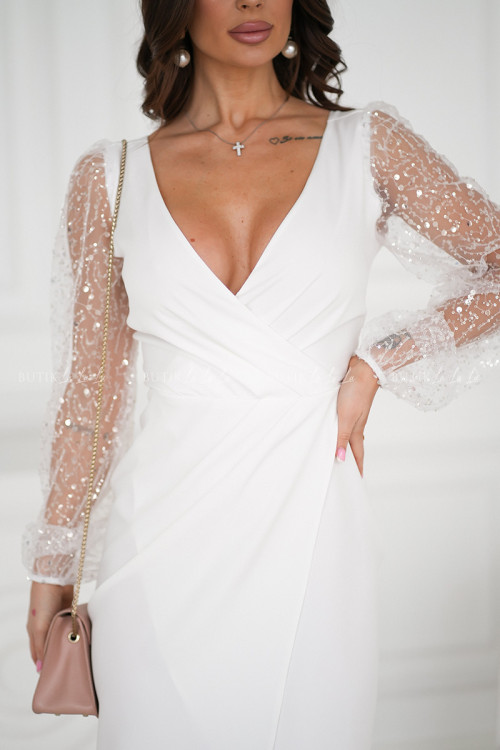 sukienka mini biała z ozdobnym rękawem Adora