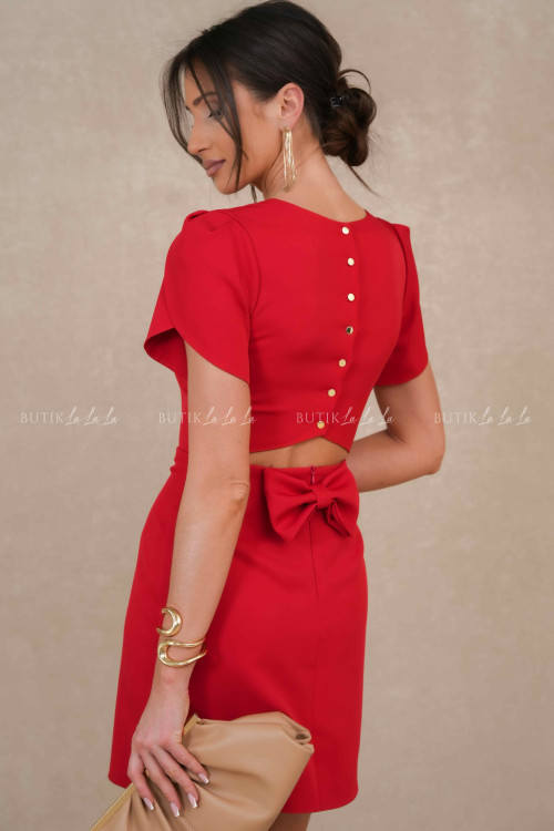 Sukienka mini z guzikami i ozdobną kokardką czerwona Mellone