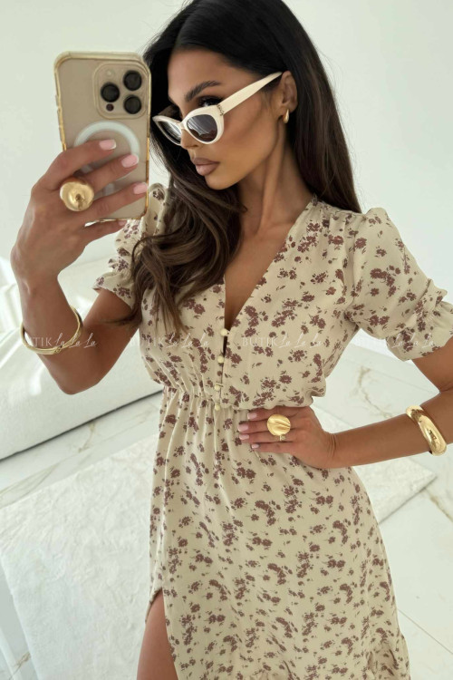 Sukienka beżowa w kwiatowy print Slorea 1