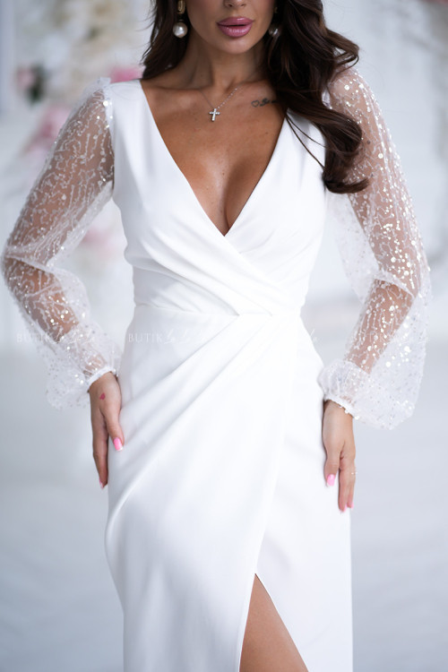 Sukienka midi z cekinowymi rękawami biała Moris 4