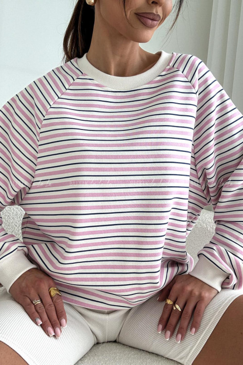 Bluza kremowa w granatowe i różowe paski Bocca