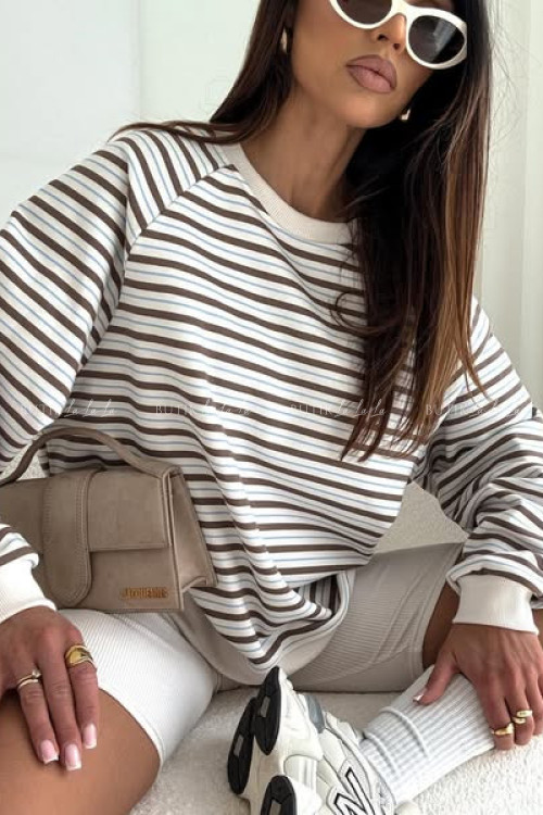 Bluza kremowa w brązowe i niebieskie paski Bocca
