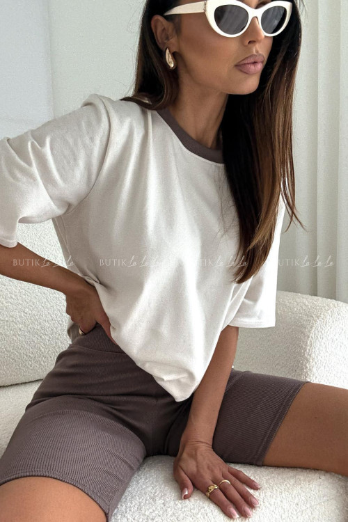 Bluzka kremowa z brązowym dekoltem Boca