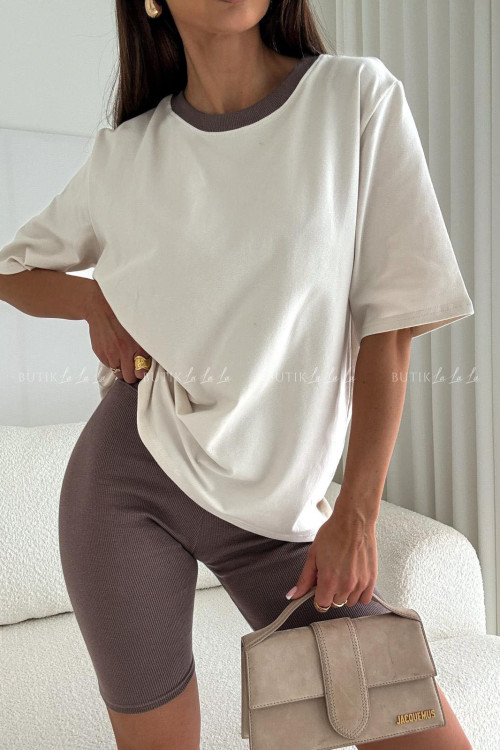 Bluzka kremowa z brązowym dekoltem Boca 2