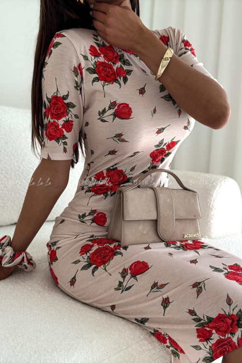 Sukienka beżowa w kwiatowy print 2