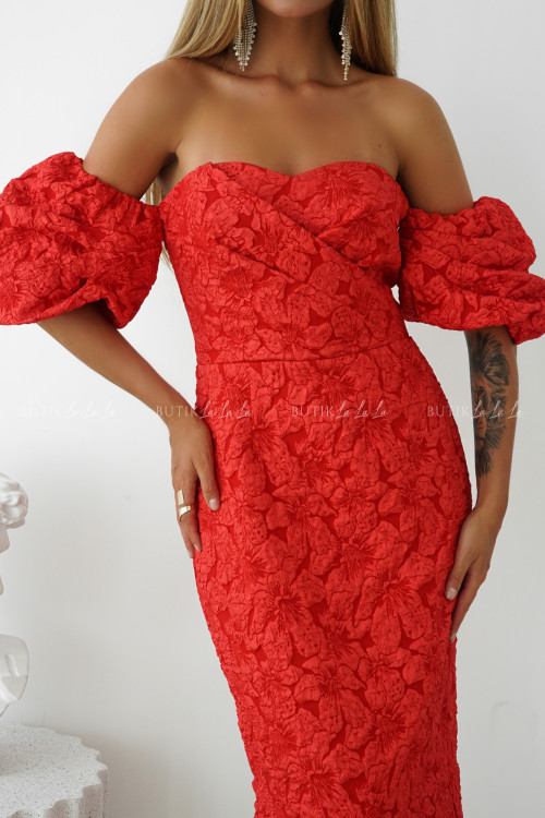 Sukienka czerwona z bufkami w kwiatowy wzór Iwette