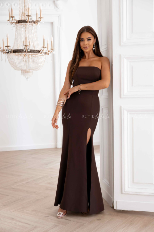 Sukienka maxi ciemno brązowa z rozcięciem Stephanie