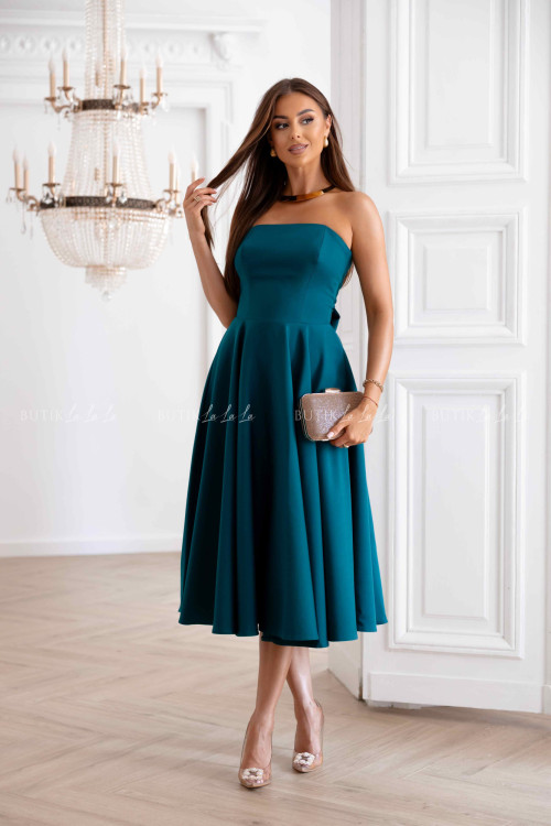 Sukienka rozkloszowana z kokardą butelkowa zieleń Asti 1