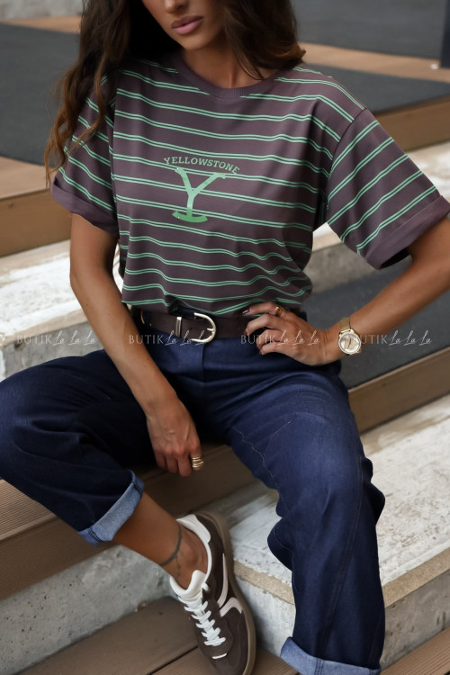 Bluzka brązowa w zielone paski YellowStone