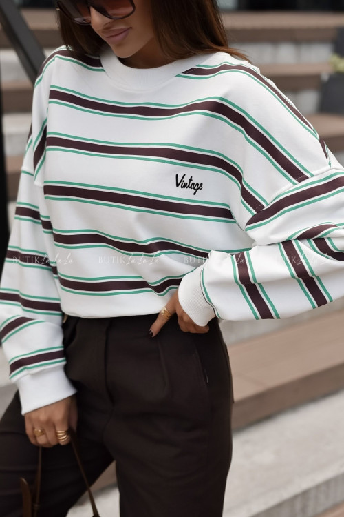 Bluza biała w zielone paski Vintage