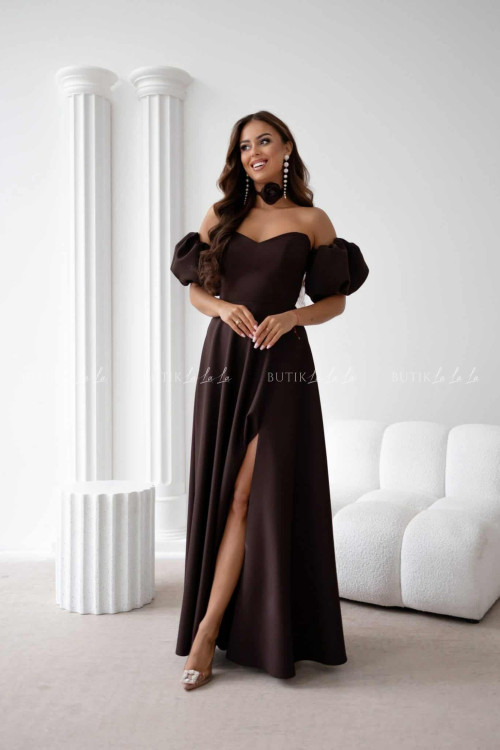 Sukienka maxi z rękawami czekoladowa Bridget