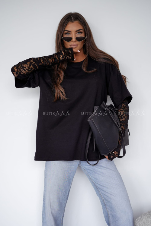 Bluzka na krótki rękaw z koronką czarna Mona