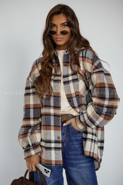 Koszula w kratę camelowo kremowa Vedo