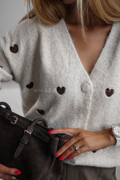 Sweter rozpinany beżowy w brązowe serca Honlie