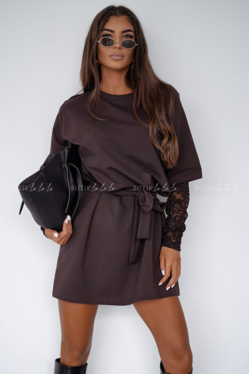 Sukienka brązowa z koronkowym rękawem Pola