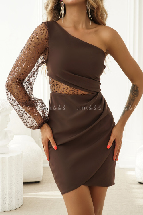 Sukienka mini brązowa na jedno ramie Florinka