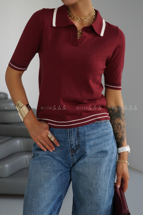 Bluzka dzianinowa typu polo bordowa Dinom