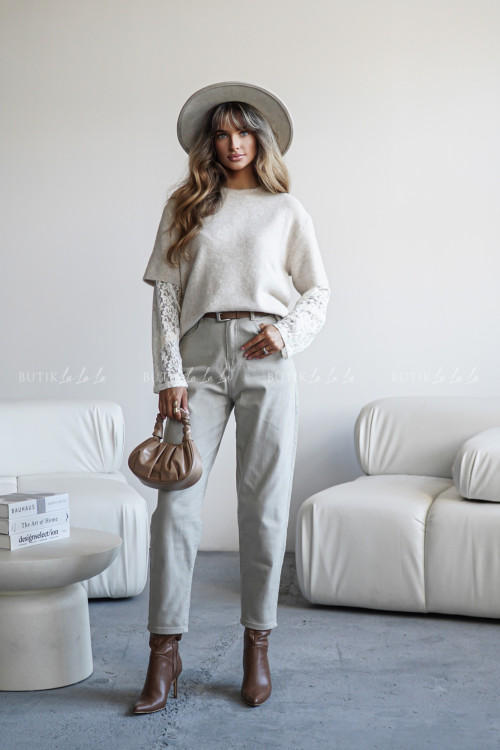 Sweter z koronkowymi rękawami beżowy Diddie 1