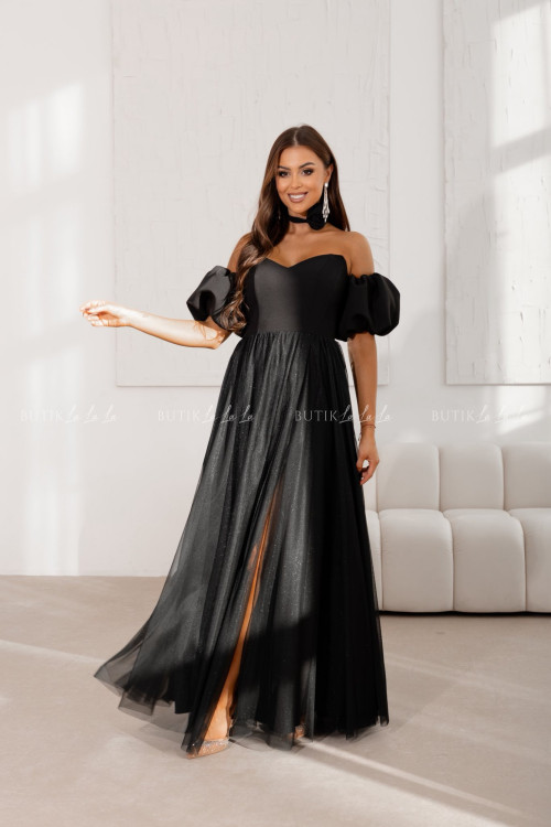 Sukienka maxi z rękawami tiulowa czarna Bridget 1