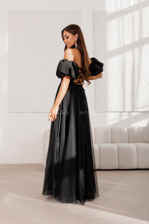 Sukienka maxi z rękawami tiulowa czarna Bridget 2