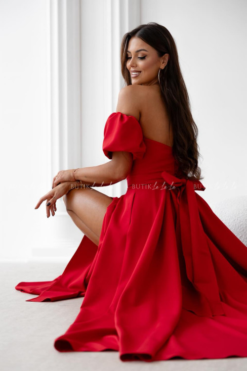 Sukienka maxi czerwona z szarfą i rękawkami Forest