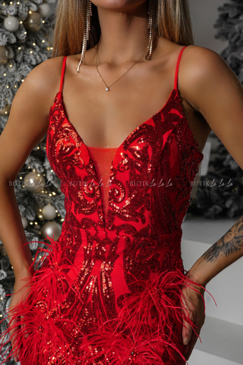 Sukienka maxi cekinowa czerwona z piórami Vinnie 1