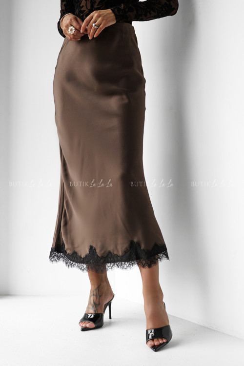Spódnica satynowa z koronką brązowa Lumie
